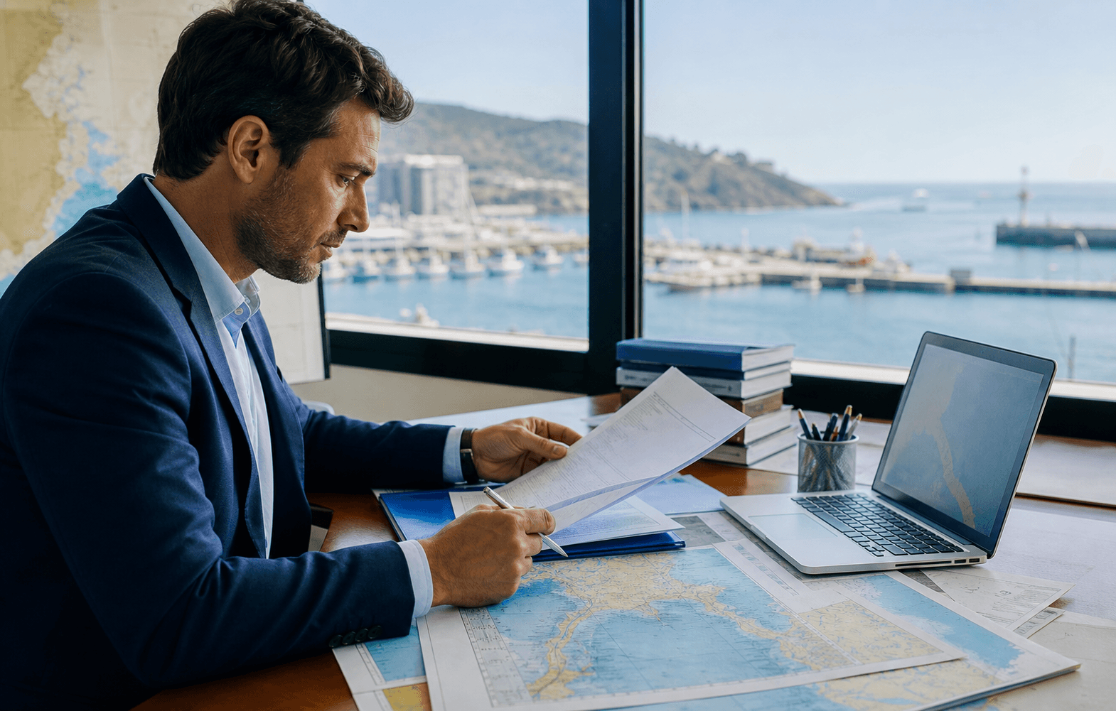 Consultor marítimo revisando documentación técnica de concesiones frente a una bahía